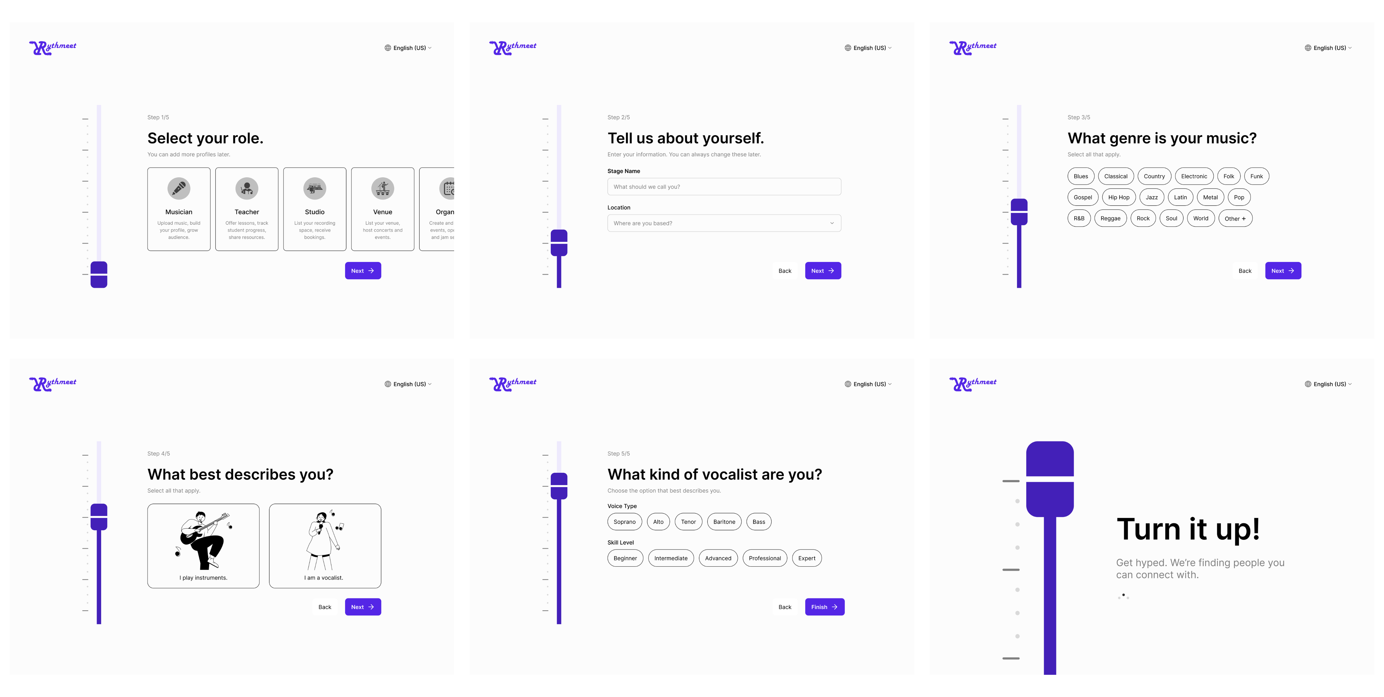 multi-step onboarding flow selecting role, genre, and vocalist details