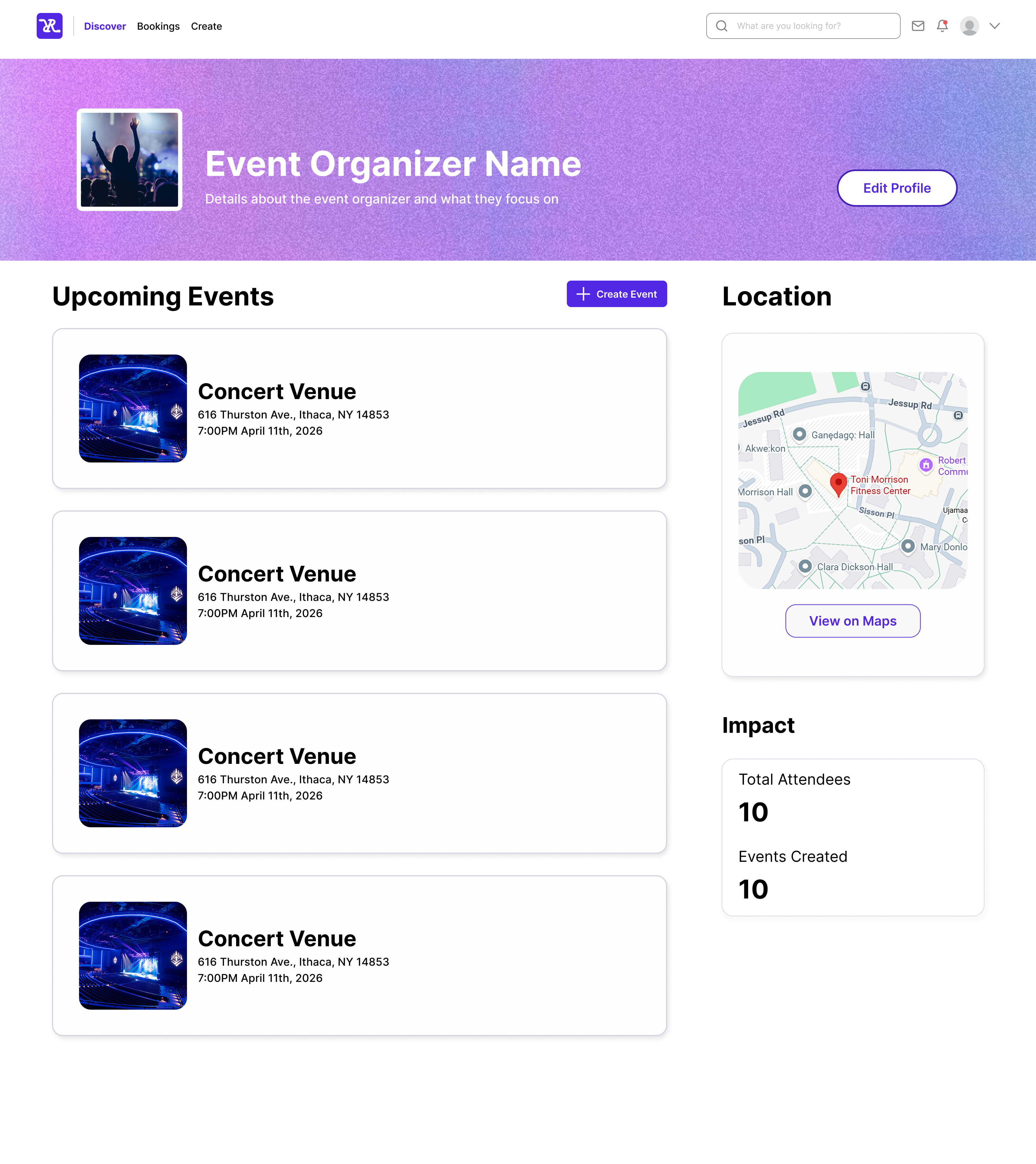 event organizer profile with create event entry point