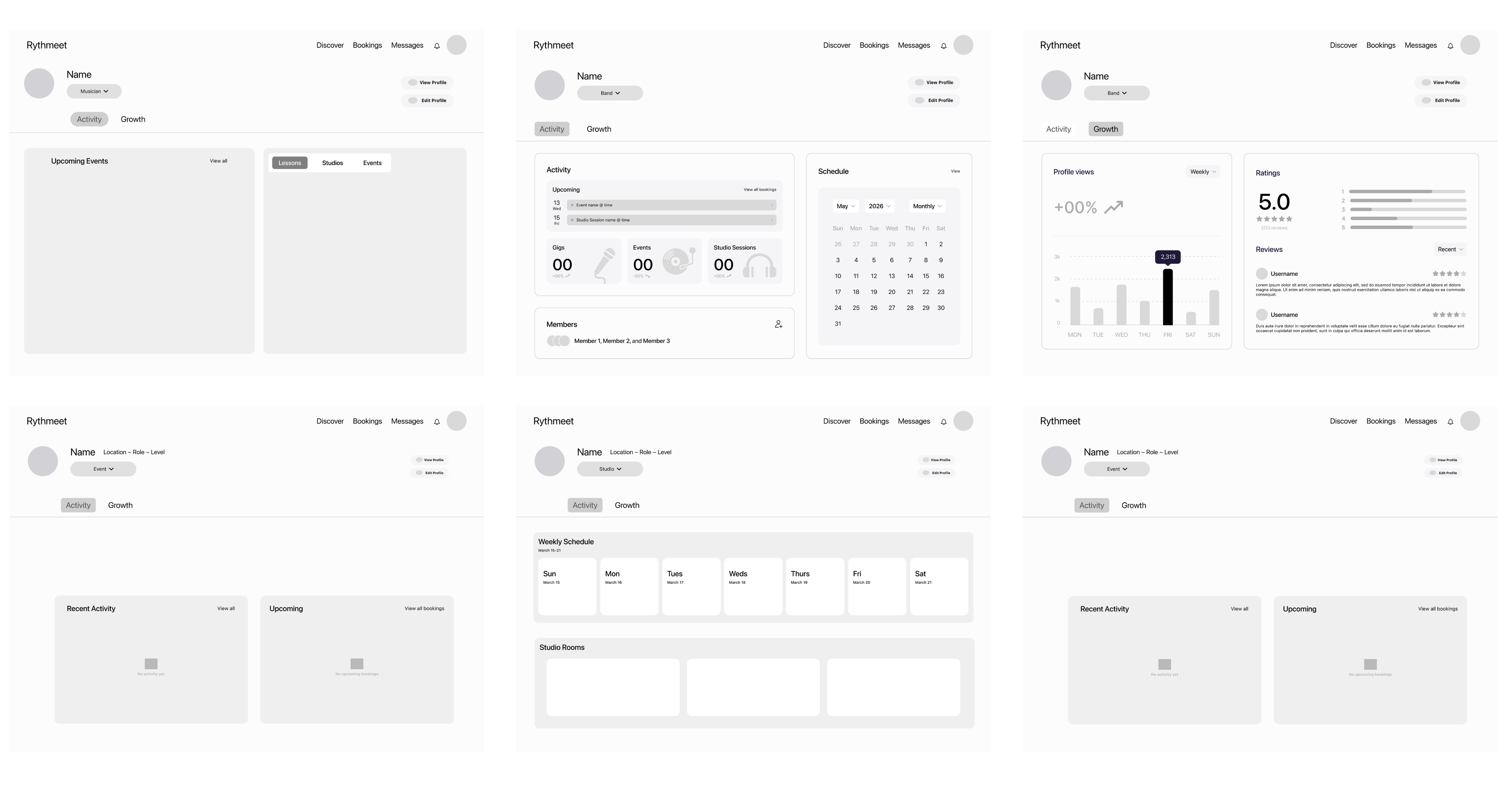 dashboard mockups across musician, band, studio, and event roles