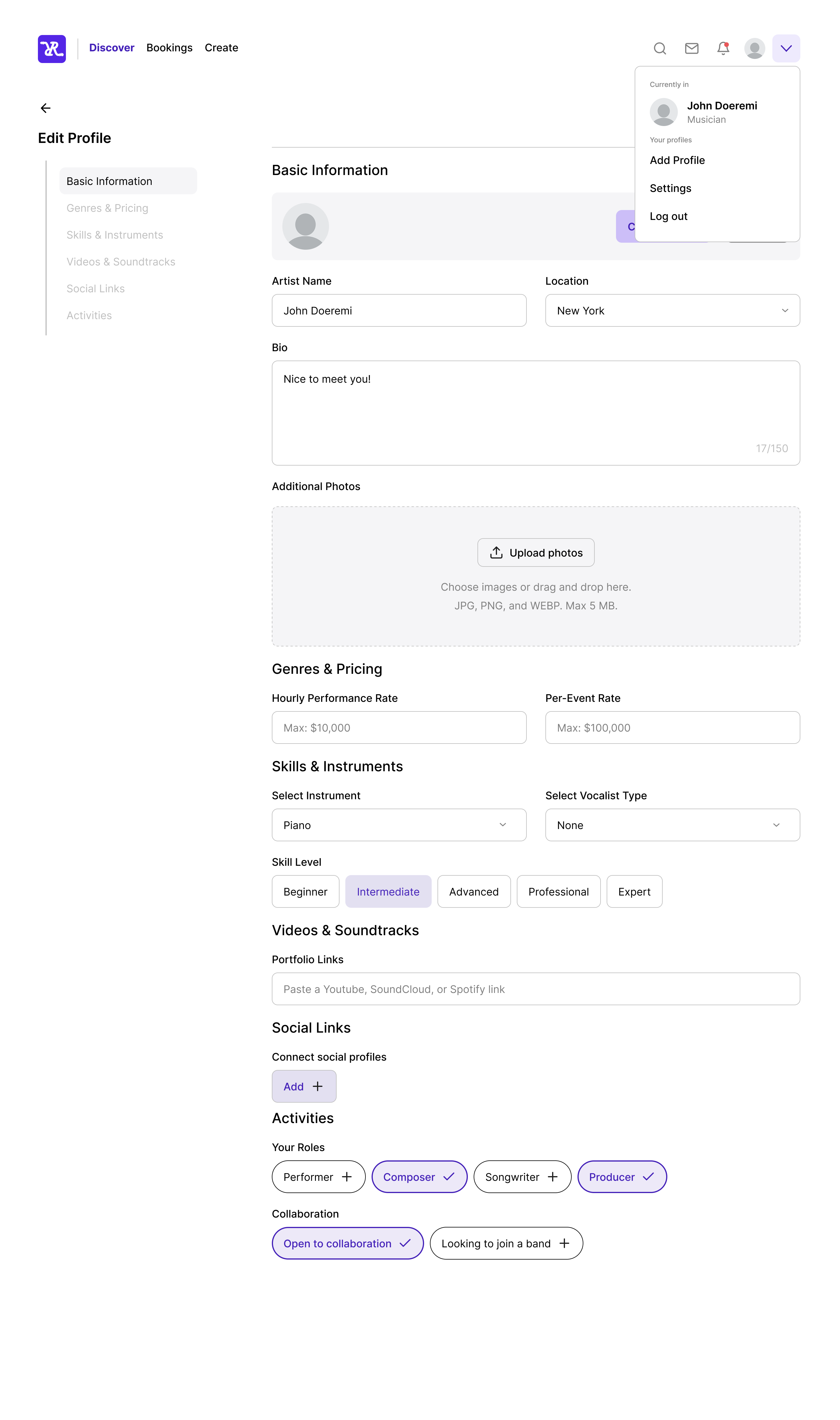 account dropdown showing current profile and option to add a new profile