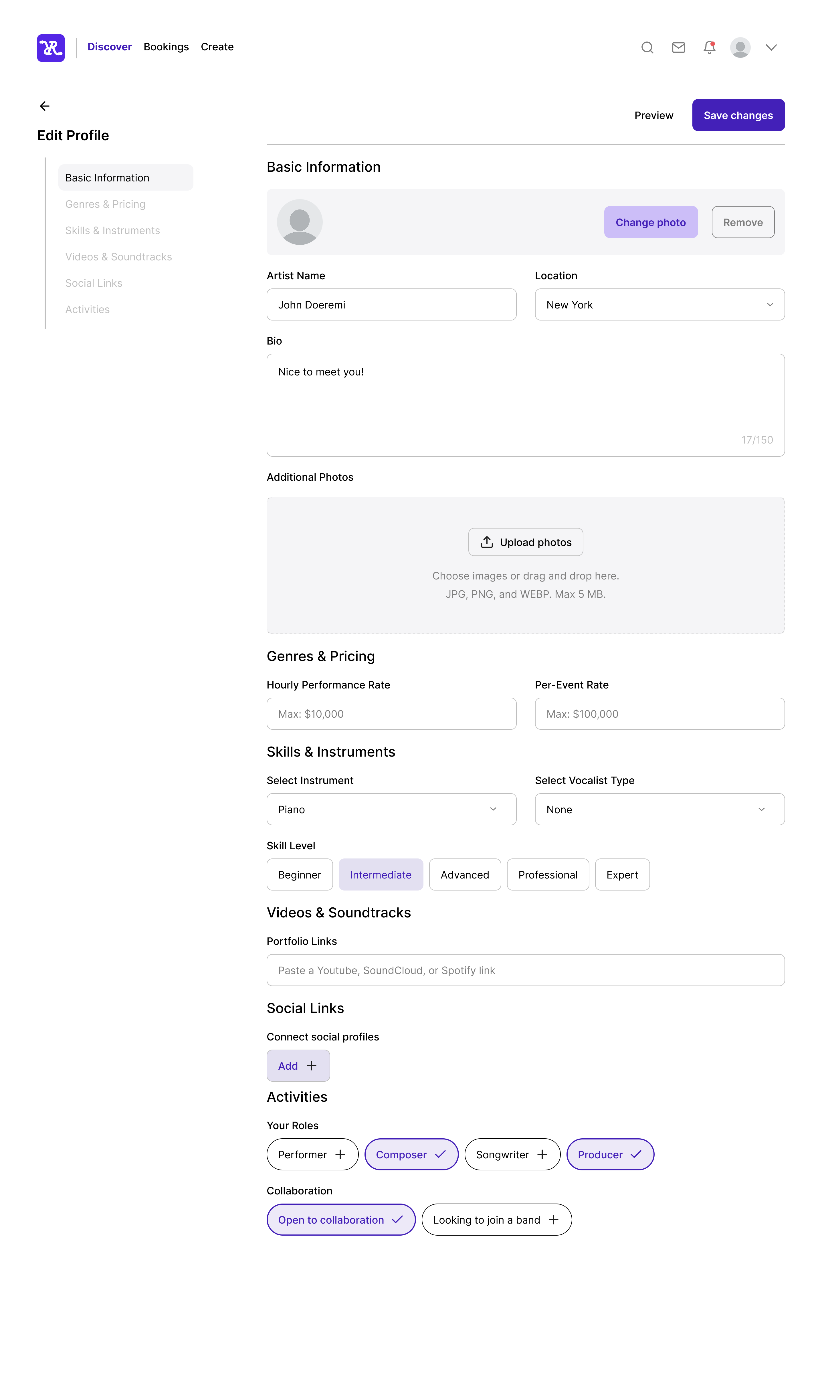 edit profile page with basic information, genres, skills, and activities