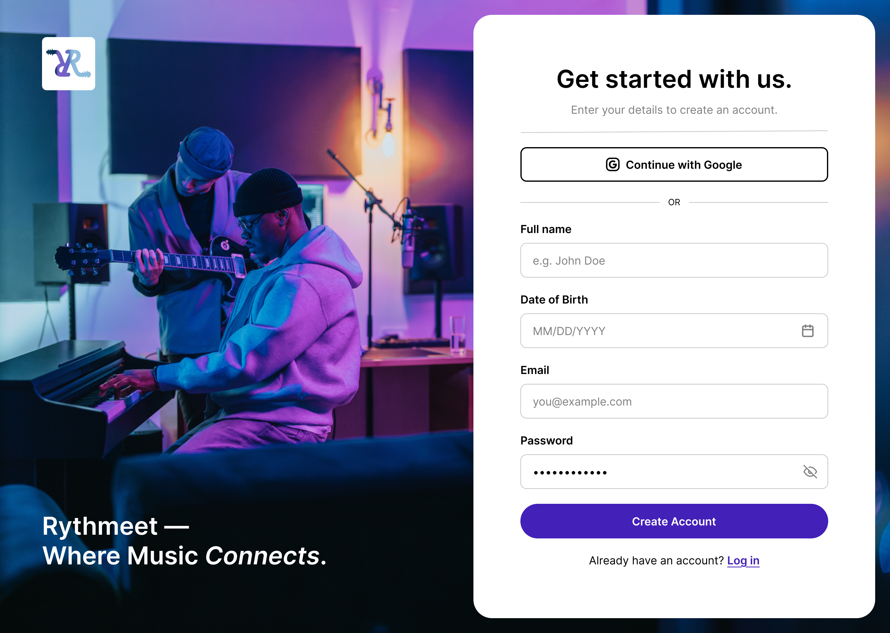sign up version 2 with full name, date of birth, email, and password fields